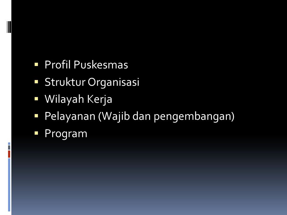 Profil Puskesmas Struktur Organisasi Wilayah Kerja Pelayanan (Wajib dan pengembangan) Program