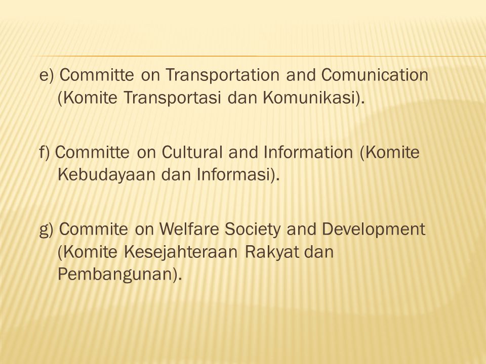 e) Committe on Transportation and Comunication (Komite Transportasi dan Komunikasi).
