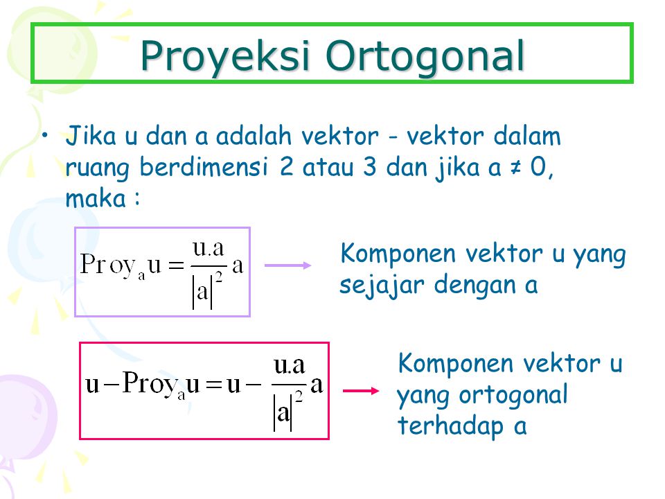 Proyeksi Ortogonal Jika u dan a adalah vektor - vektor dalam ruang berdimensi 2 atau 3 dan jika a ≠ 0, maka :
