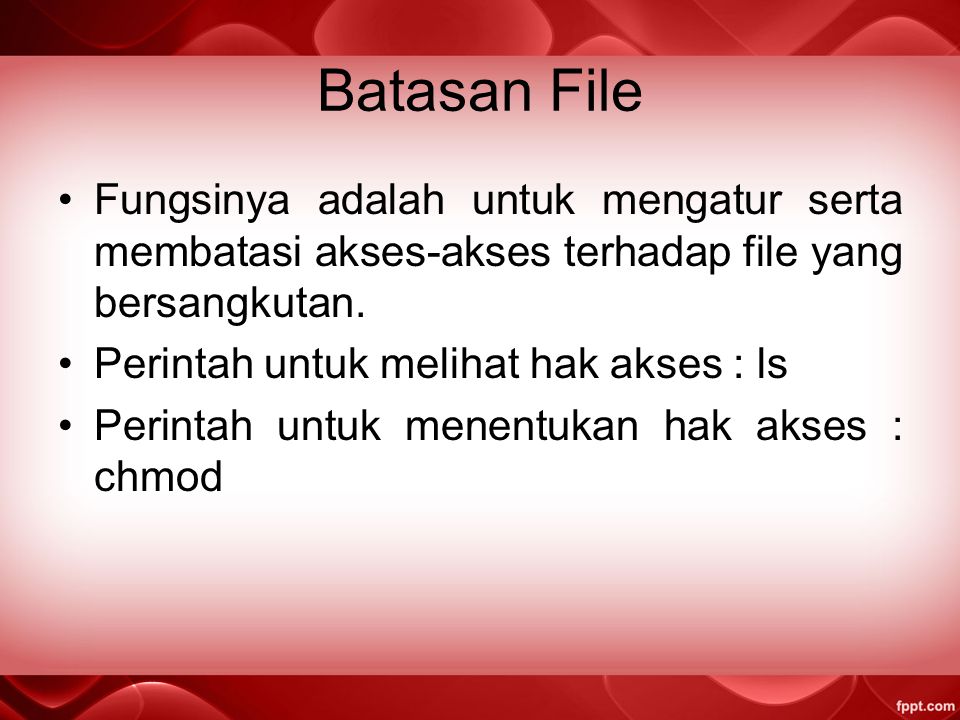Batasan File Fungsinya adalah untuk mengatur serta membatasi akses-akses terhadap file yang bersangkutan.