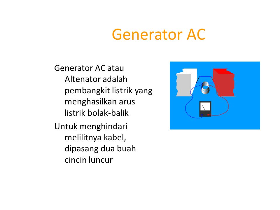 Generator AC Generator AC atau Altenator adalah pembangkit listrik yang menghasilkan arus listrik bolak-balik.