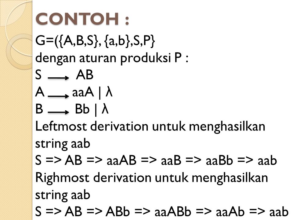 CONTOH : G=({A,B,S}, {a,b},S,P} dengan aturan produksi P : S AB