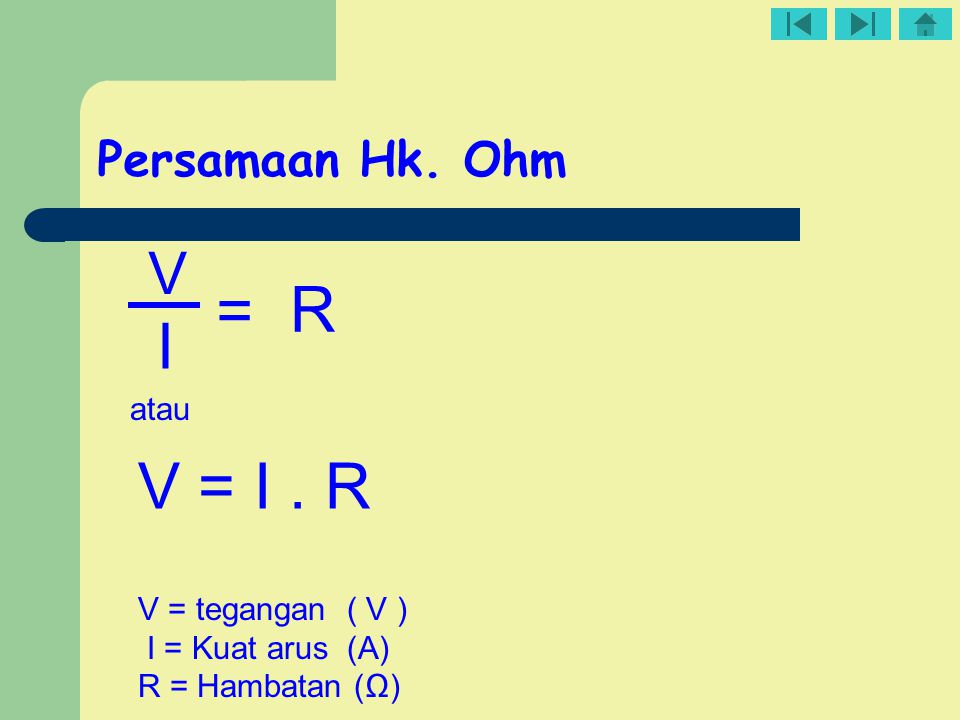 = R I V = I . R V Persamaan Hk. Ohm atau V = tegangan ( V )