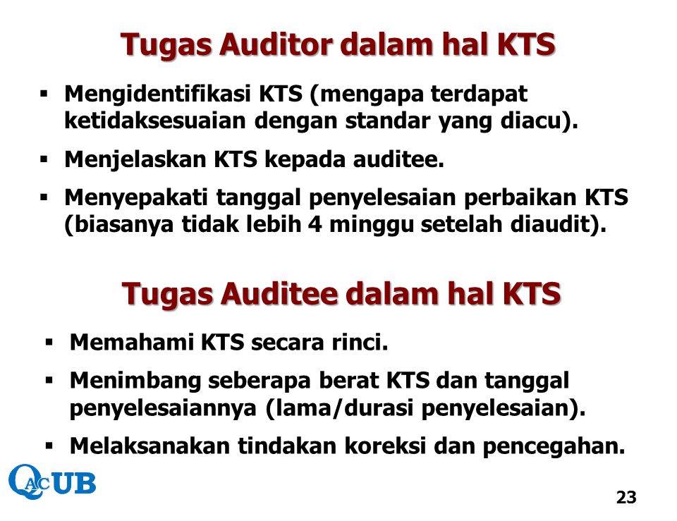 Tugas Auditor dalam hal KTS Tugas Auditee dalam hal KTS
