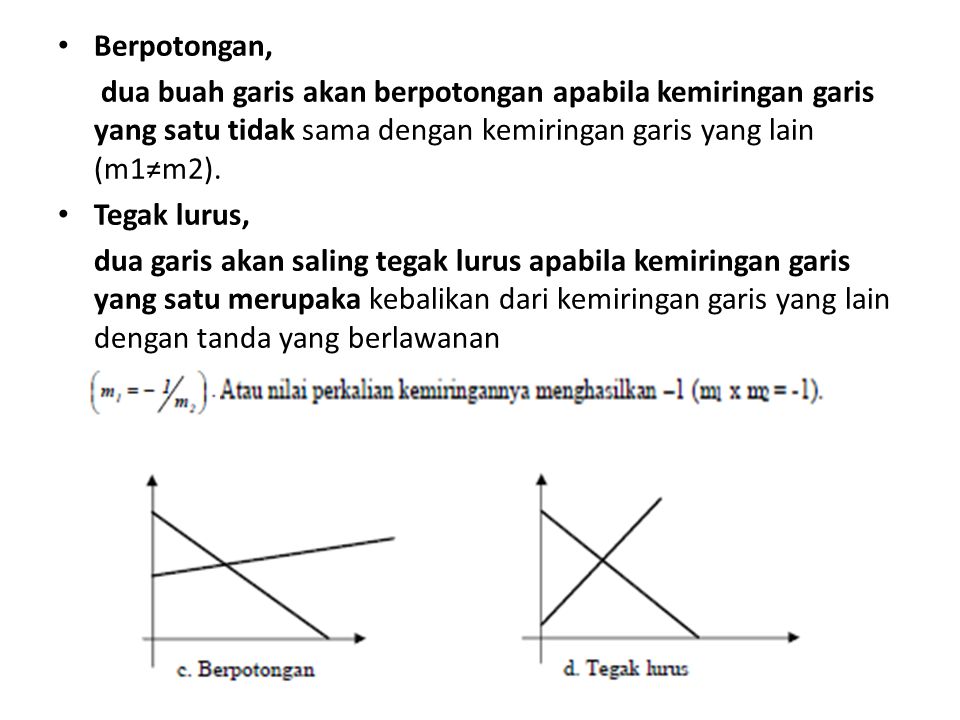 Berpotongan, dua buah garis akan berpotongan apabila kemiringan garis yang satu tidak sama dengan kemiringan garis yang lain (m1≠m2).
