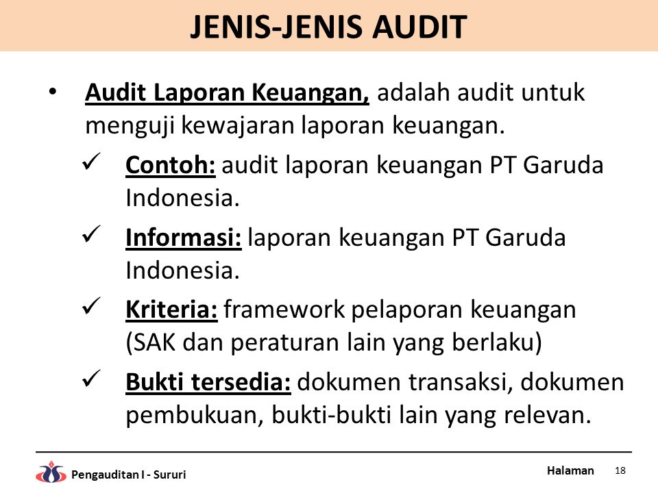 JENIS-JENIS AUDIT Audit Laporan Keuangan, adalah audit untuk menguji kewajaran laporan keuangan. Contoh: audit laporan keuangan PT Garuda Indonesia.