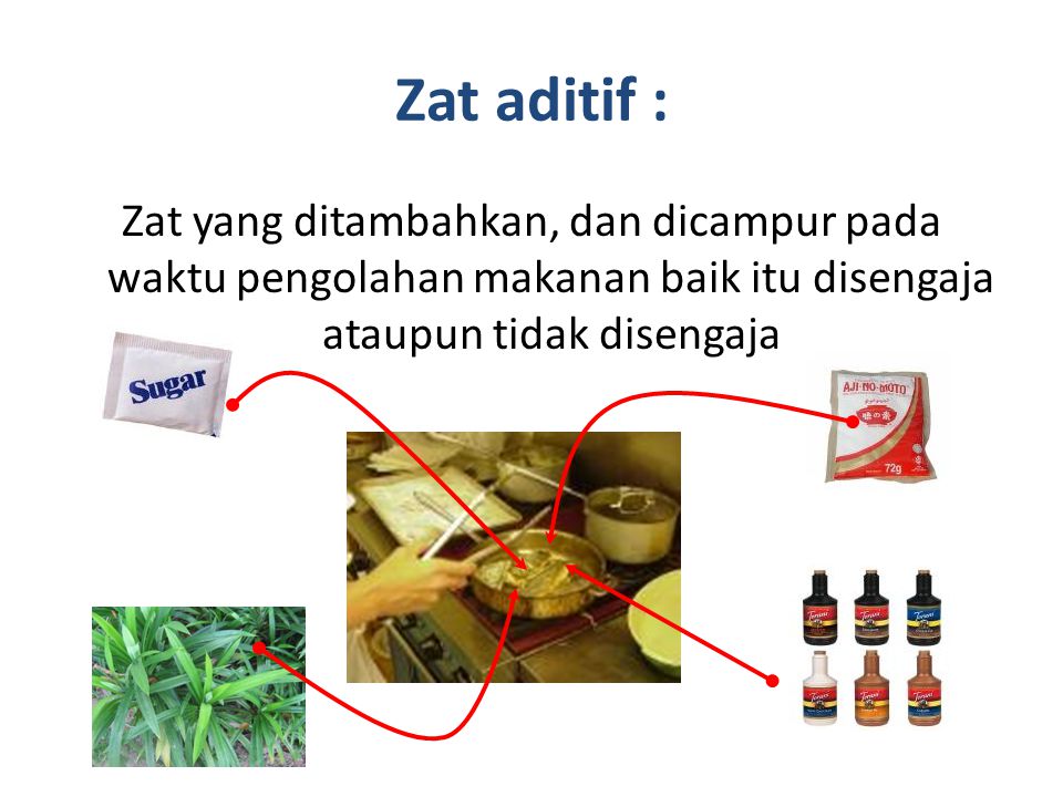 Zat aditif : Zat yang ditambahkan, dan dicampur pada waktu pengolahan makanan baik itu disengaja ataupun tidak disengaja.