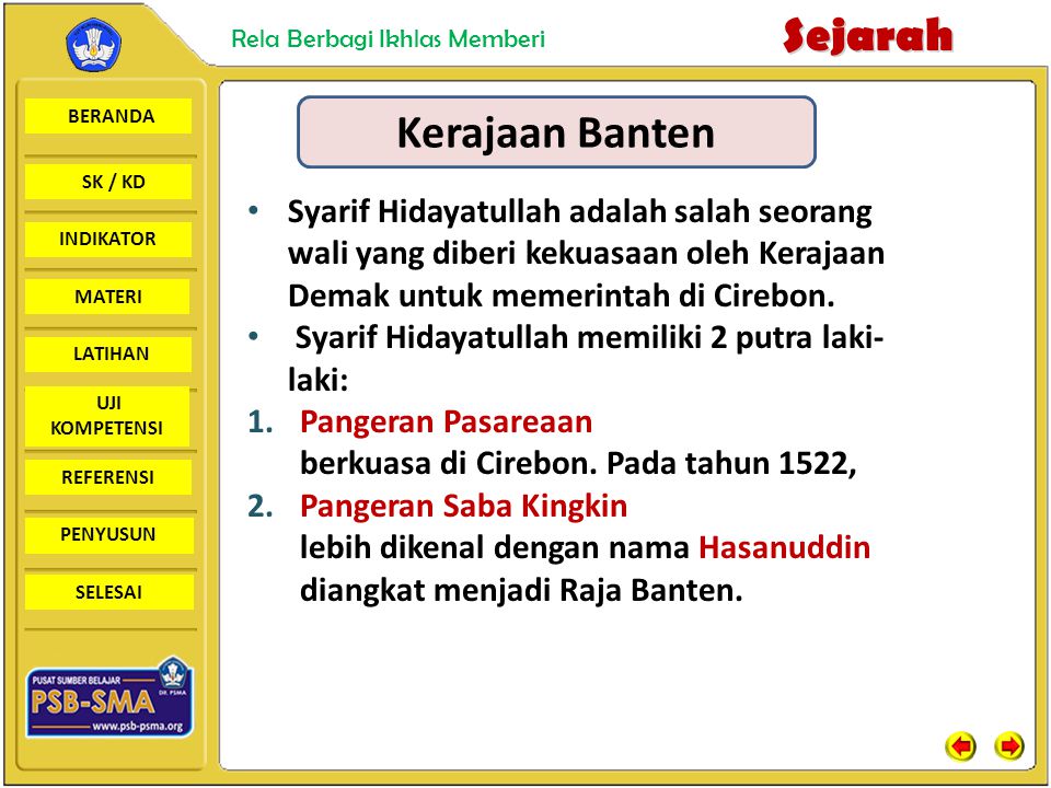Kerajaan Banten Syarif Hidayatullah adalah salah seorang wali yang diberi kekuasaan oleh Kerajaan Demak untuk memerintah di Cirebon.