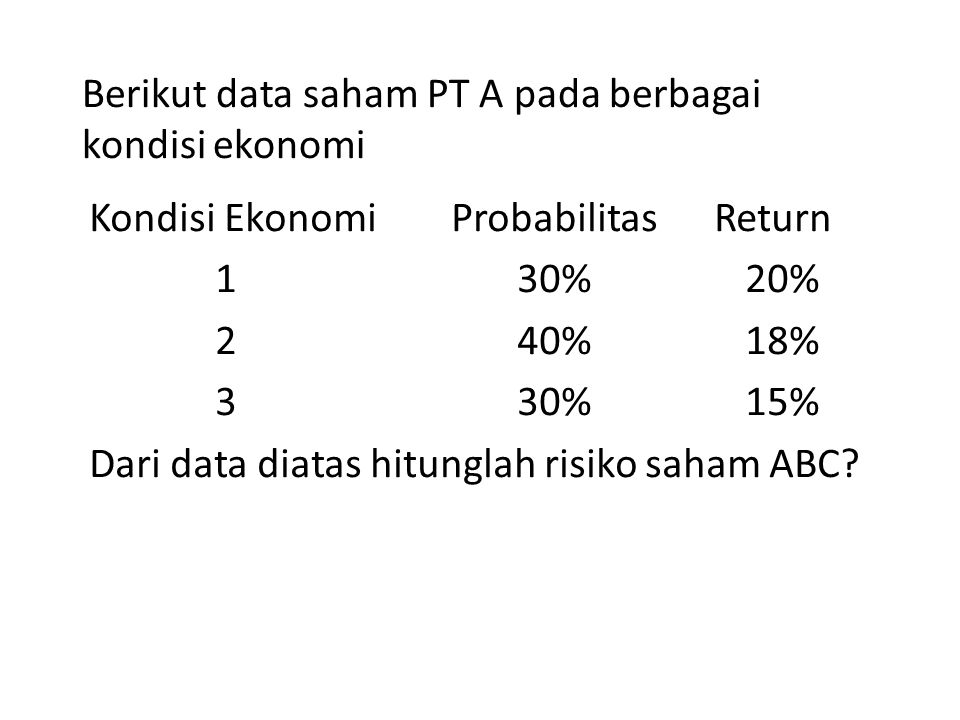 Berikut data saham PT A pada berbagai kondisi ekonomi