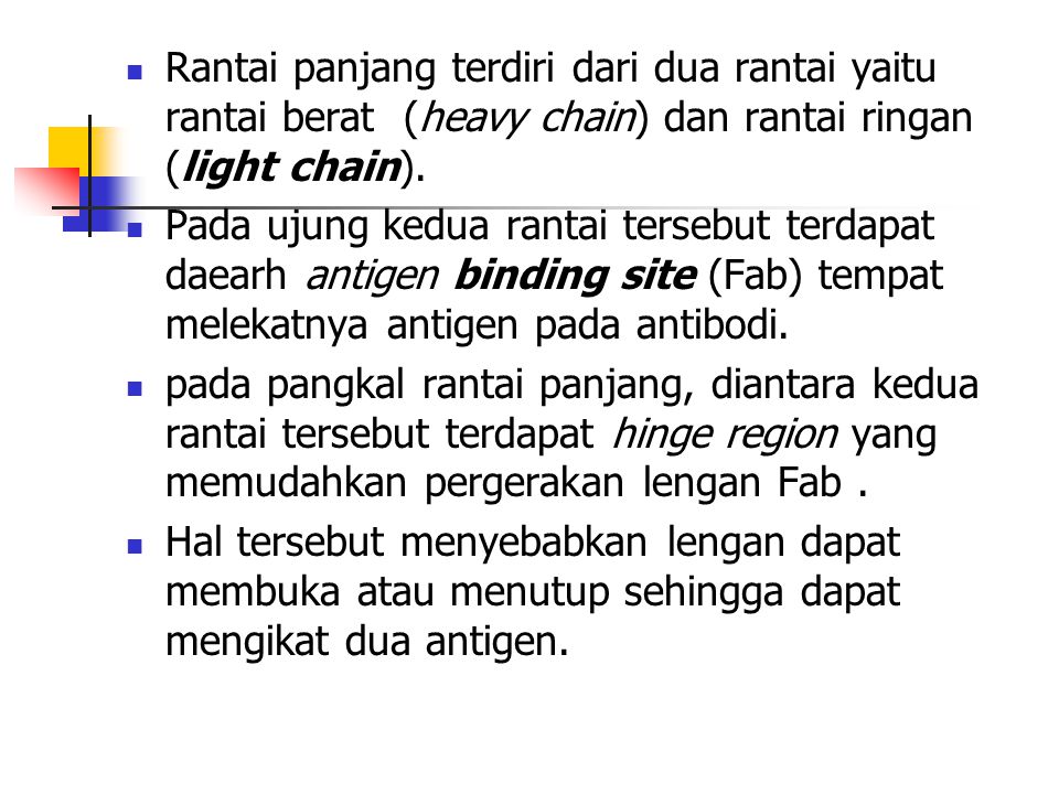 Rantai panjang terdiri dari dua rantai yaitu rantai berat (heavy chain) dan rantai ringan (light chain).