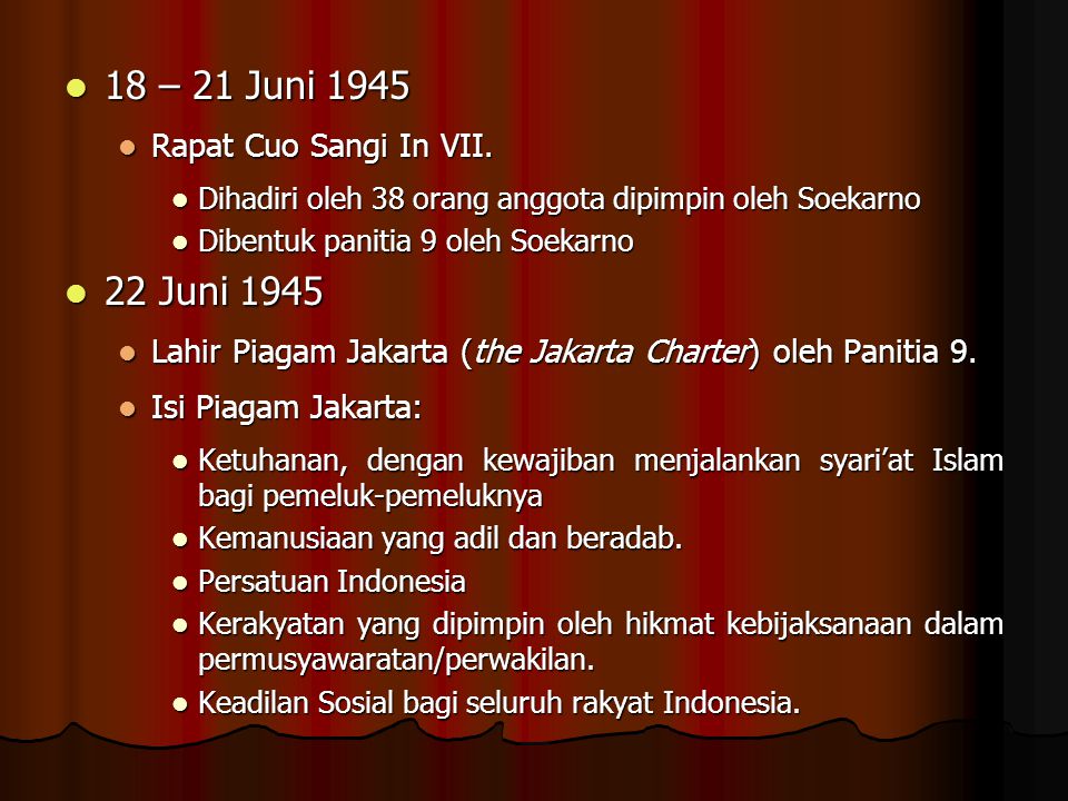 18 – 21 Juni Juni 1945 Rapat Cuo Sangi In VII.