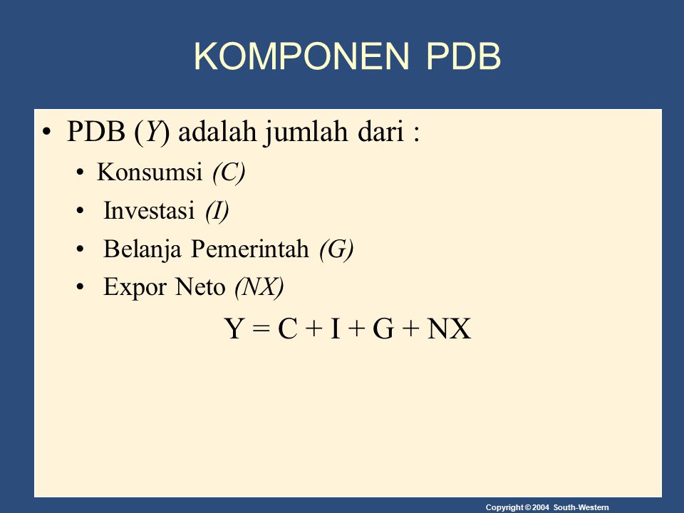 KOMPONEN PDB PDB (Y) adalah jumlah dari : Y = C + I + G + NX