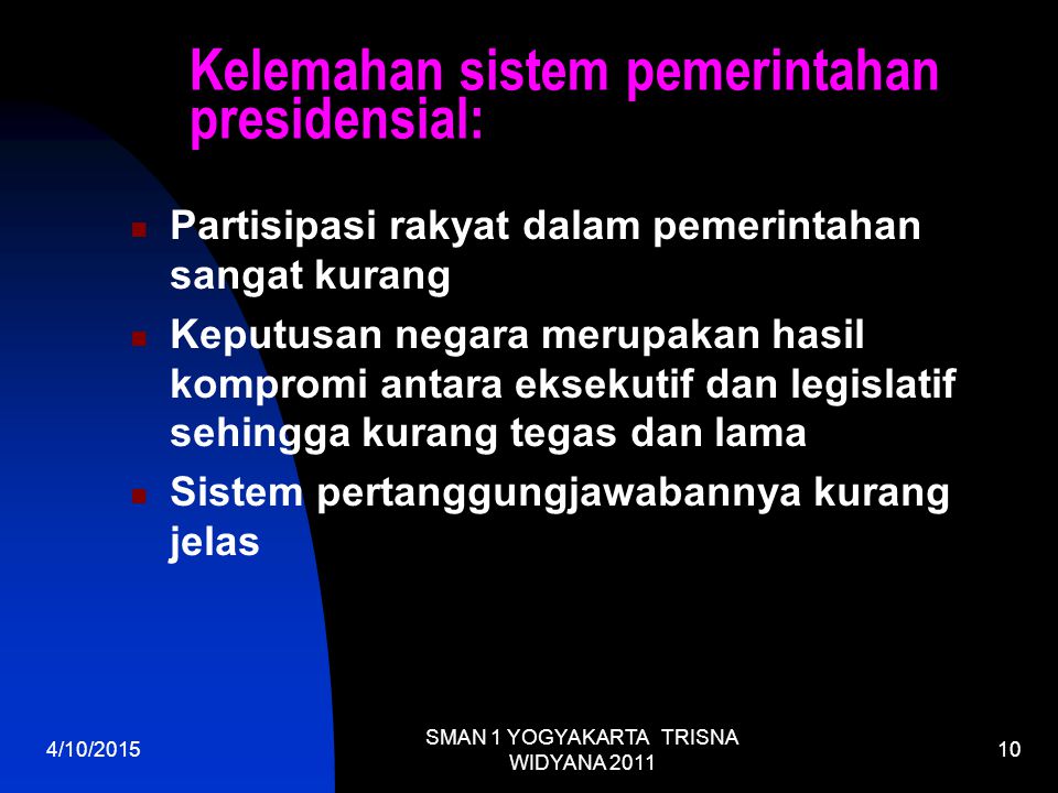 Kelemahan sistem pemerintahan presidensial: