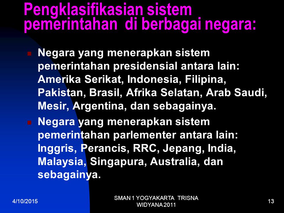 Pengklasifikasian sistem pemerintahan di berbagai negara: