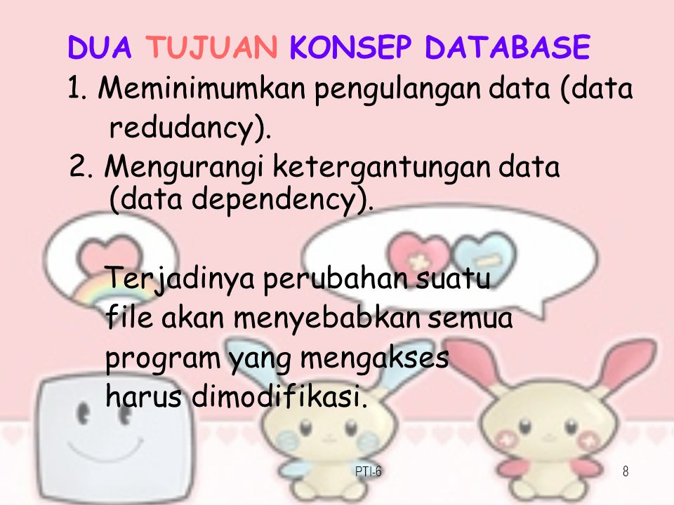 DUA TUJUAN KONSEP DATABASE 1. Meminimumkan pengulangan data (data