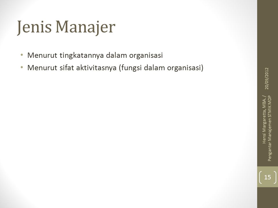 Jenis Manajer Menurut tingkatannya dalam organisasi