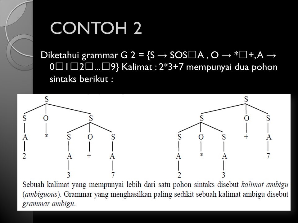 CONTOH 2 Diketahui grammar G 2 = {S → SOSA , O → *+, A → 012...9} Kalimat : 2*3+7 mempunyai dua pohon sintaks berikut :