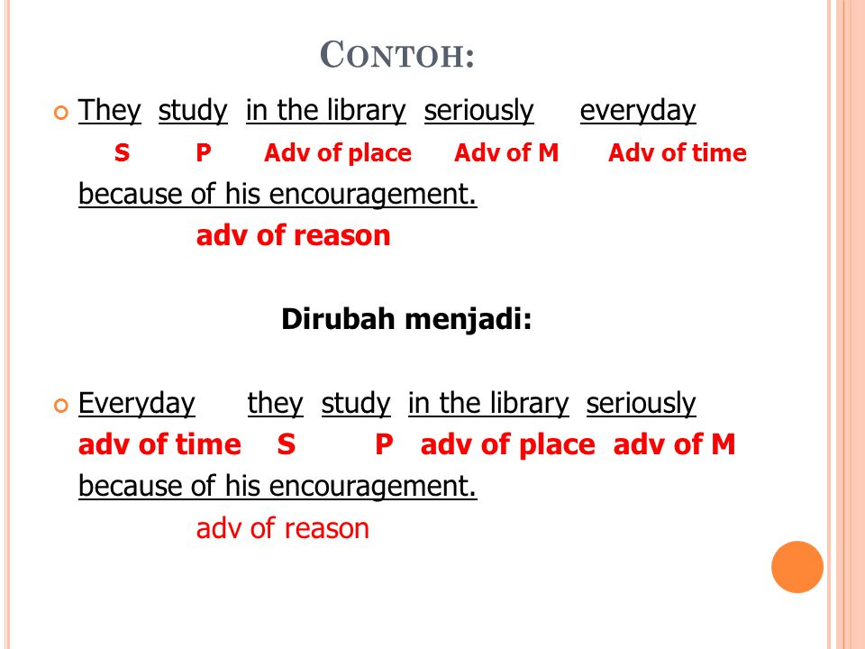 Contoh: They study in the library seriously everyday