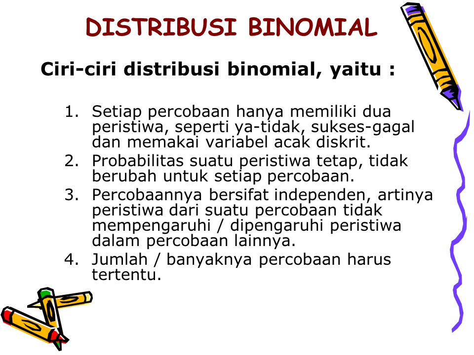 DISTRIBUSI BINOMIAL Ciri-ciri distribusi binomial, yaitu :