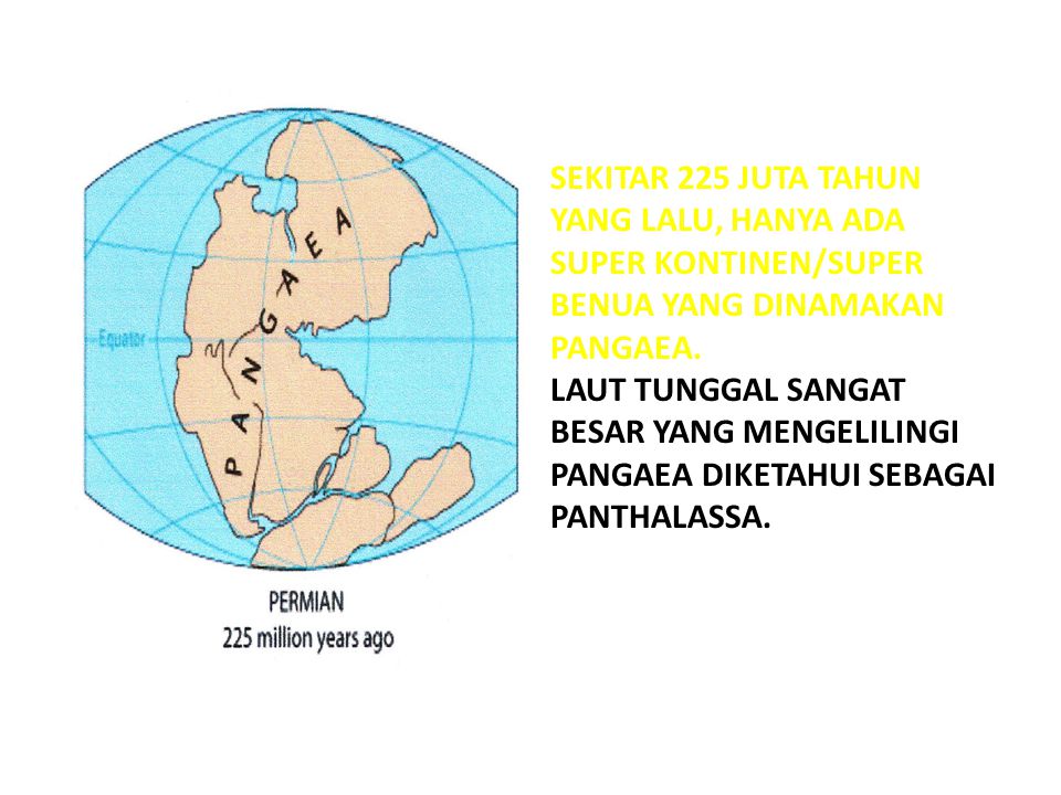 Sekitar 225 juta tahun yang lalu, hanya ada super kontinen/super benua yang dinamakan Pangaea.