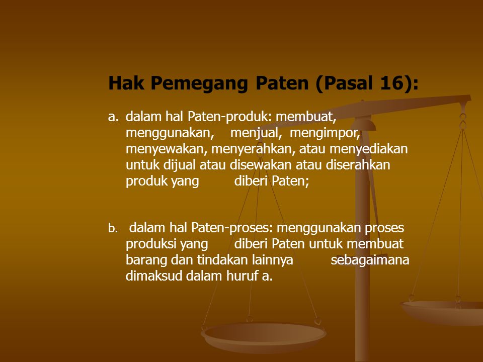 Hak Pemegang Paten (Pasal 16):