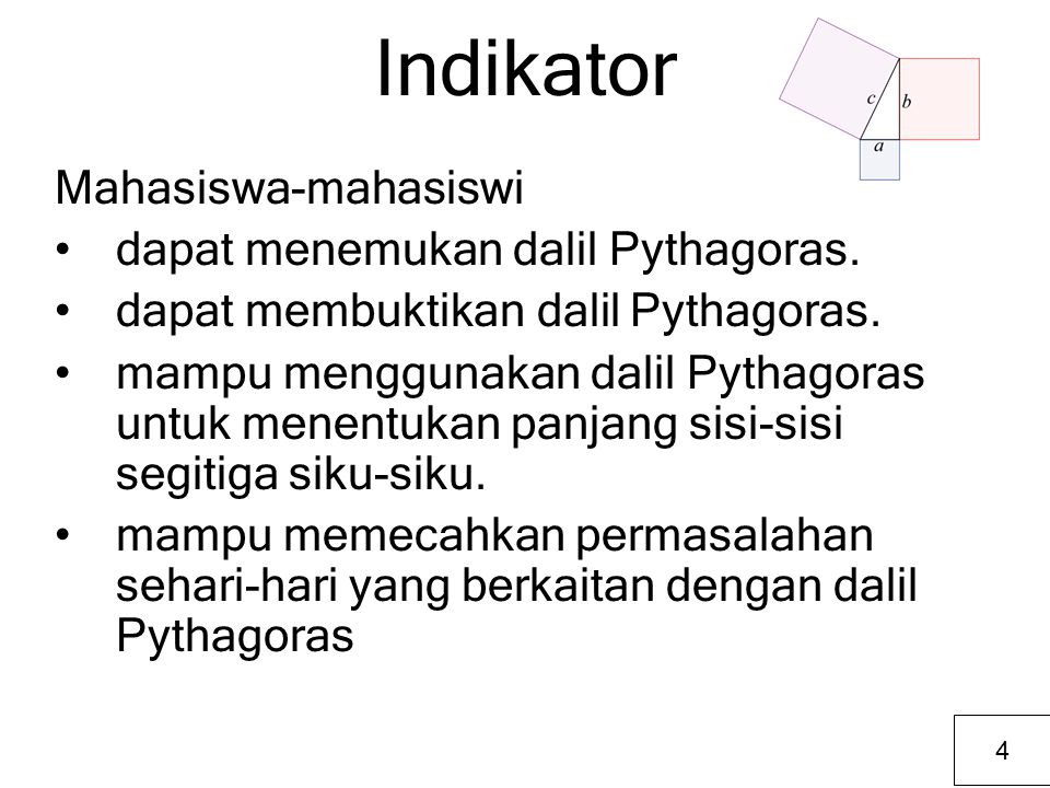 Indikator Mahasiswa-mahasiswi dapat menemukan dalil Pythagoras.