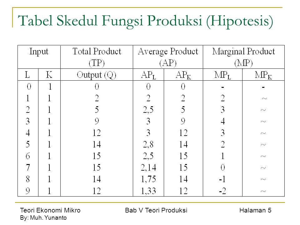 Tabel Skedul Fungsi Produksi (Hipotesis)