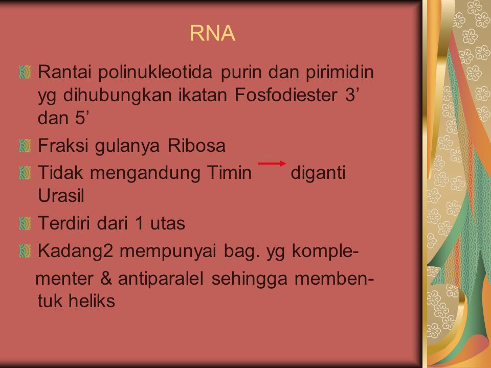 RNA Rantai polinukleotida purin dan pirimidin yg dihubungkan ikatan Fosfodiester 3’ dan 5’ Fraksi gulanya Ribosa.