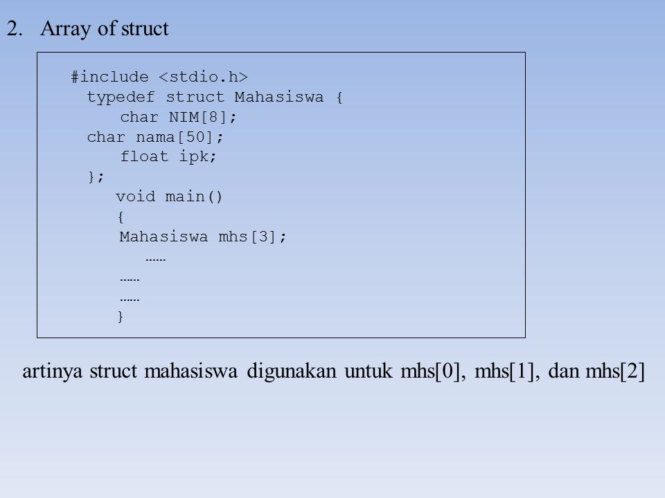 artinya struct mahasiswa digunakan untuk mhs[0], mhs[1], dan mhs[2]