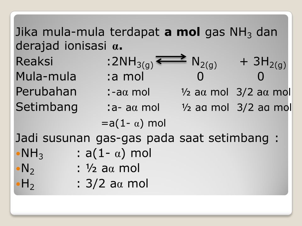Jika mula-mula terdapat a mol gas NH3 dan derajad ionisasi α.