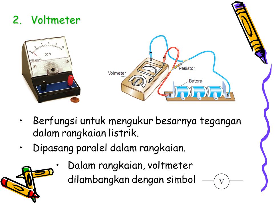 Voltmeter Berfungsi untuk mengukur besarnya tegangan dalam rangkaian listrik. Dipasang paralel dalam rangkaian.