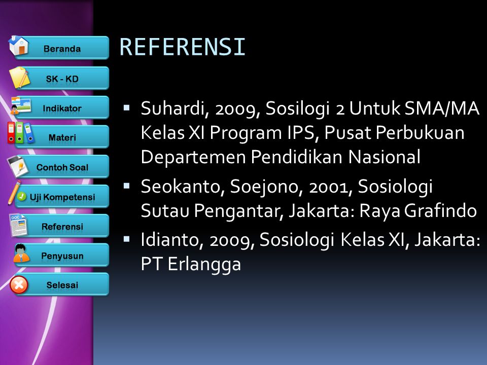 REFERENSI Suhardi, 2009, Sosilogi 2 Untuk SMA/MA Kelas XI Program IPS, Pusat Perbukuan Departemen Pendidikan Nasional.