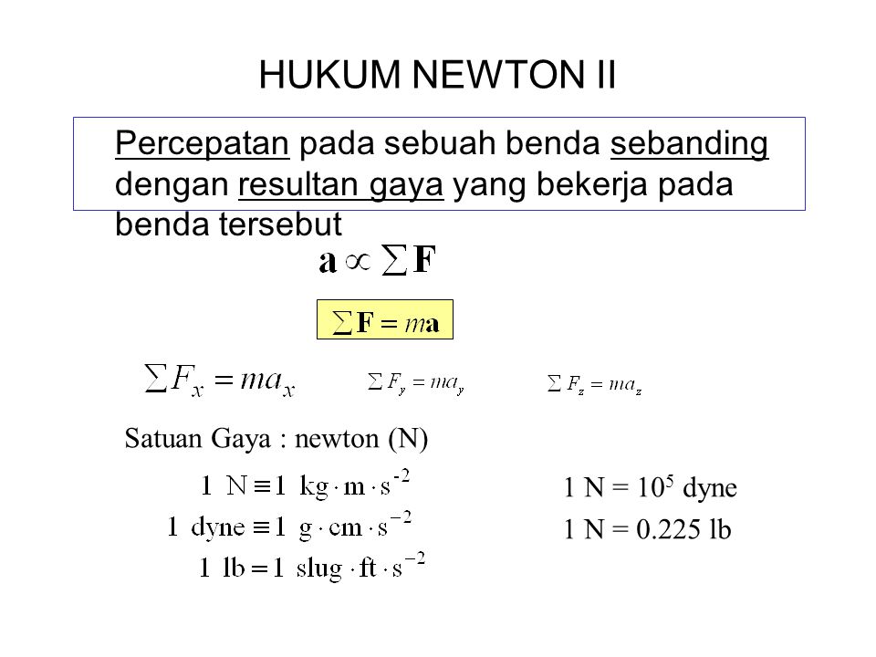 HUKUM NEWTON II Percepatan pada sebuah benda sebanding dengan resultan gaya yang bekerja pada benda tersebut.