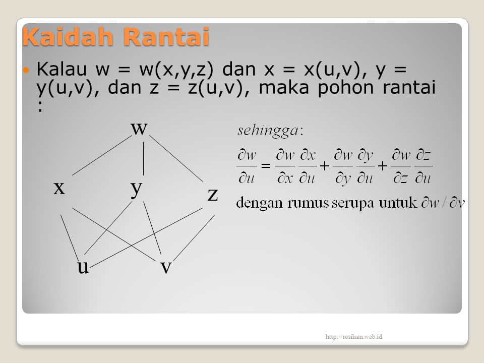 Kaidah Rantai Kalau w = w(x,y,z) dan x = x(u,v), y = y(u,v), dan z = z(u,v), maka pohon rantai : w.