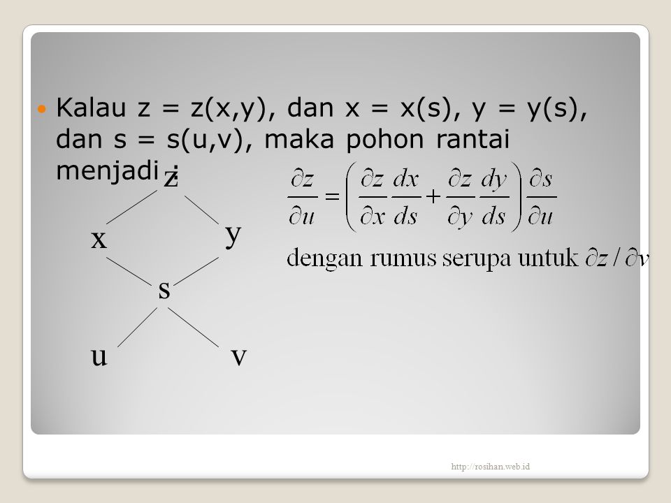 Kalau z = z(x,y), dan x = x(s), y = y(s), dan s = s(u,v), maka pohon rantai menjadi :