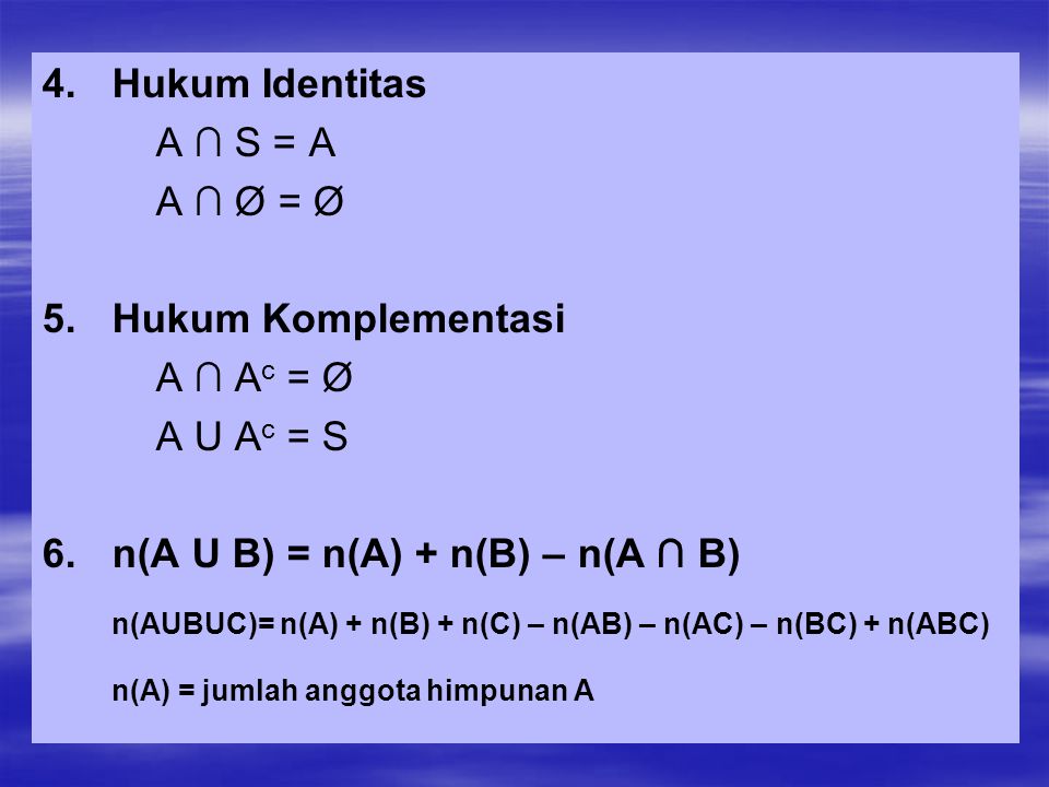 n(AUBUC)= n(A) + n(B) + n(C) – n(AB) – n(AC) – n(BC) + n(ABC)