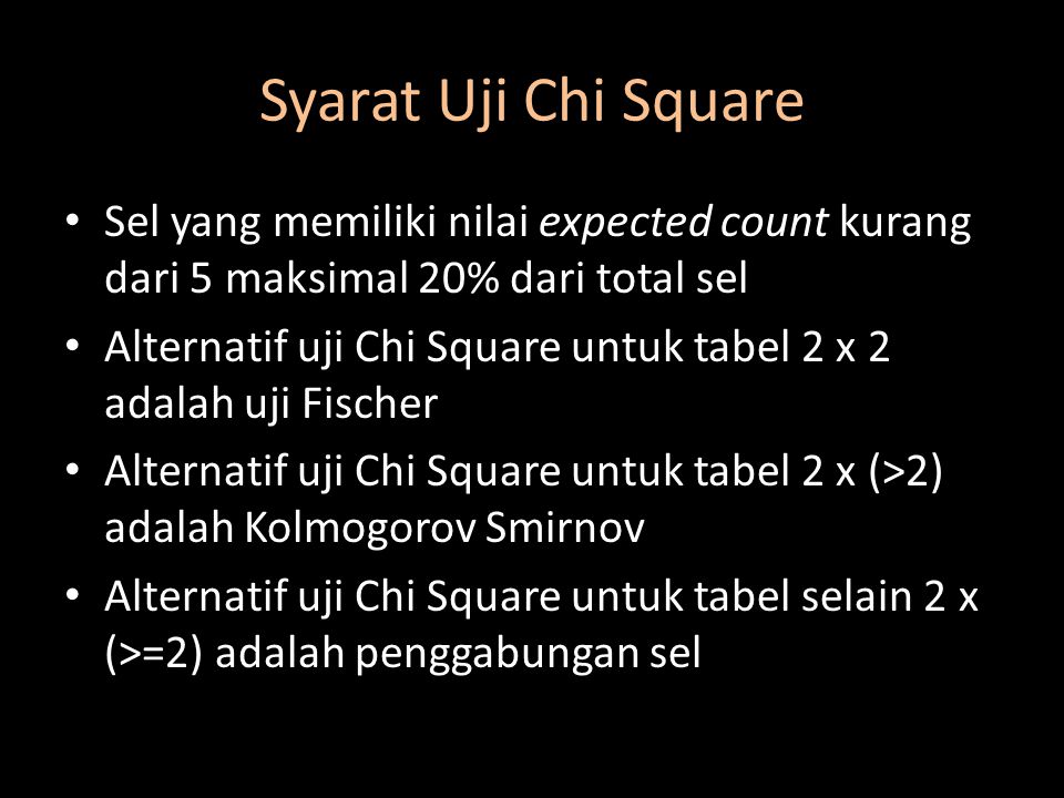 Syarat Uji Chi Square Sel yang memiliki nilai expected count kurang dari 5 maksimal 20% dari total sel.