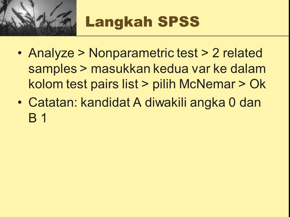 Langkah SPSS Analyze > Nonparametric test > 2 related samples > masukkan kedua var ke dalam kolom test pairs list > pilih McNemar > Ok.