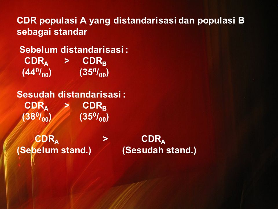 CDR populasi A yang distandarisasi dan populasi B sebagai standar Sebelum distandarisasi : CDRA > CDRB (440/00) (350/00) Sesudah distandarisasi : (380/00) (350/00) CDRA > CDRA (Sebelum stand.) (Sesudah stand.)
