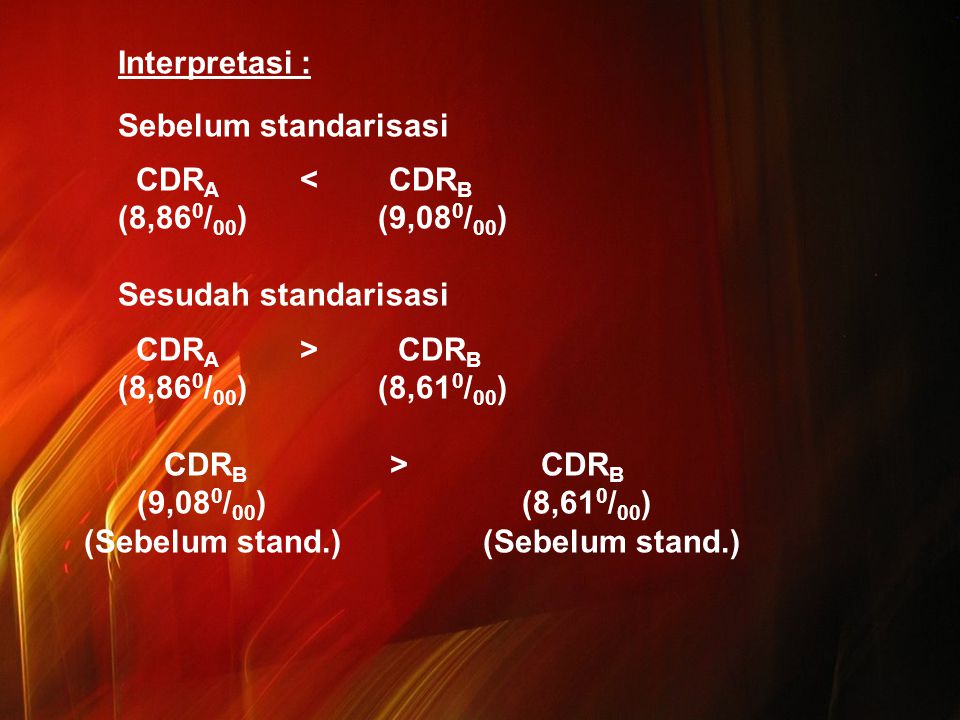 Interpretasi : Sebelum standarisasi CDRA < CDRB (8,860/00) (9,080/00) Sesudah standarisasi CDRA > CDRB (8,860/00) (8,610/00) CDRB > CDRB (9,080/00) (8,610/00) (Sebelum stand.) (Sebelum stand.)
