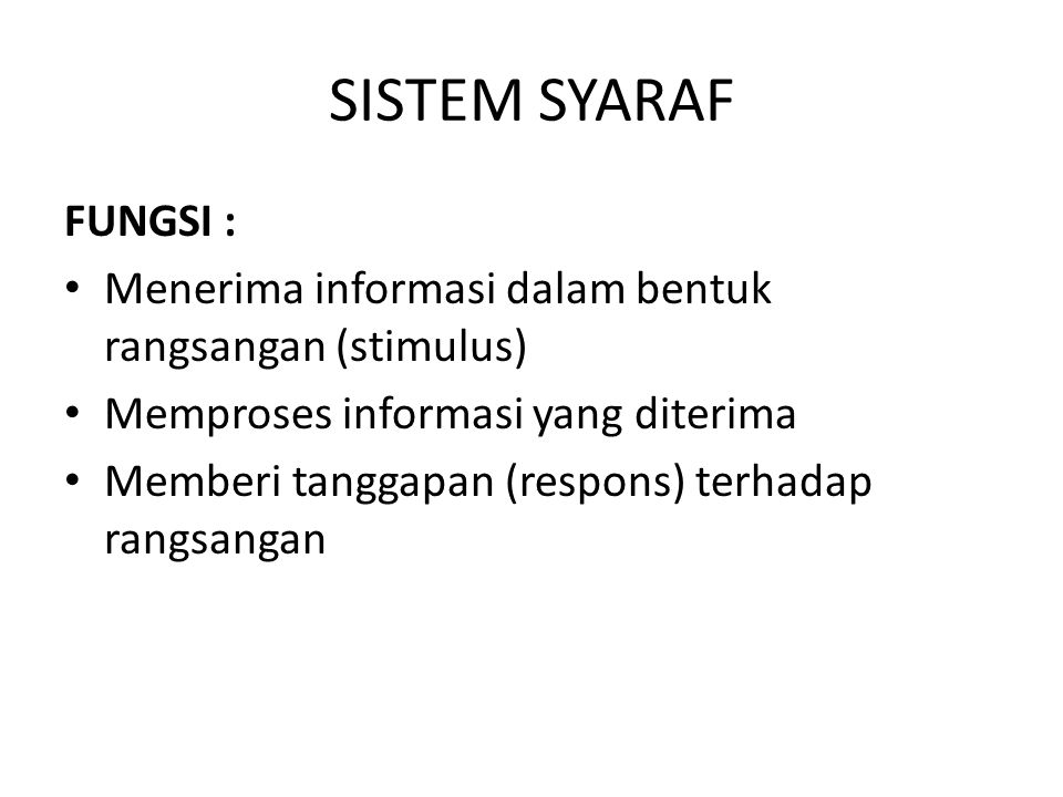 SISTEM SYARAF FUNGSI : Menerima informasi dalam bentuk rangsangan (stimulus) Memproses informasi yang diterima.