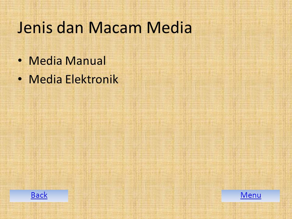Jenis dan Macam Media Media Manual Media Elektronik Back Menu
