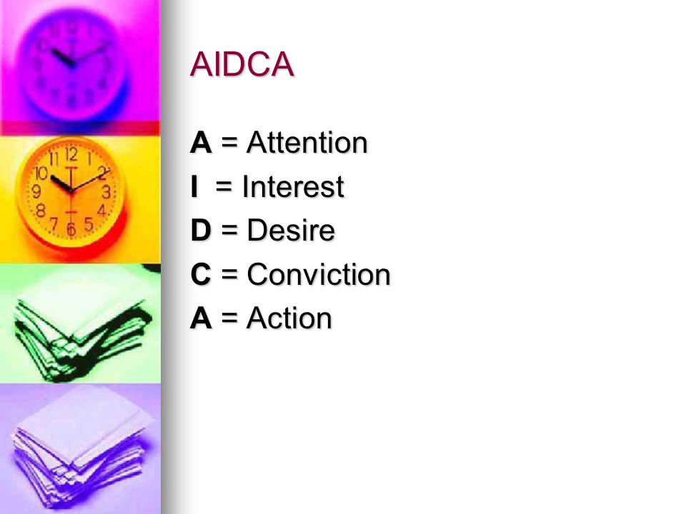 AIDCA A = Attention I = Interest D = Desire C = Conviction A = Action