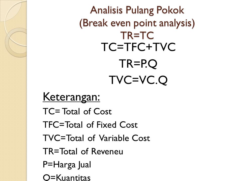 Analisis Pulang Pokok (Break even point analysis) TR=TC