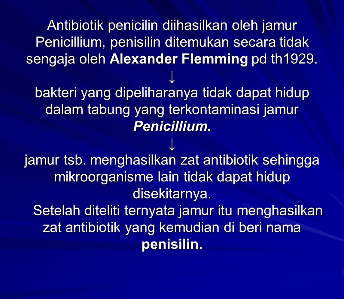 Antibiotik penicilin diihasilkan oleh jamur Penicillium, penisilin ditemukan secara tidak sengaja oleh Alexander Flemming pd th1929.