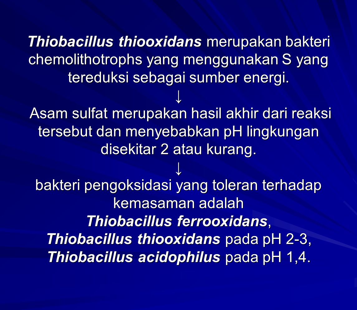 Thiobacillus thiooxidans merupakan bakteri chemolithotrophs yang menggunakan S yang tereduksi sebagai sumber energi.