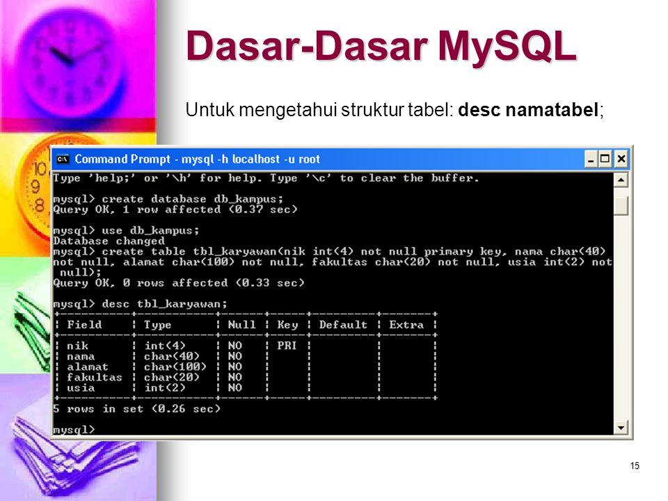 Dasar-Dasar MySQL Untuk mengetahui struktur tabel: desc namatabel;