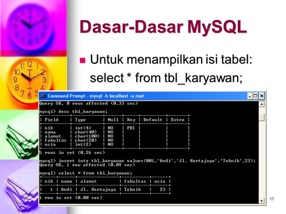 Dasar-Dasar MySQL Untuk menampilkan isi tabel: