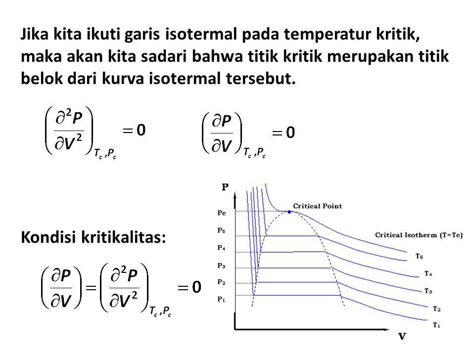 Jika kita ikuti garis isotermal pada temperatur kritik, maka akan kita sadari bahwa titik kritik merupakan titik belok dari kurva isotermal tersebut.
