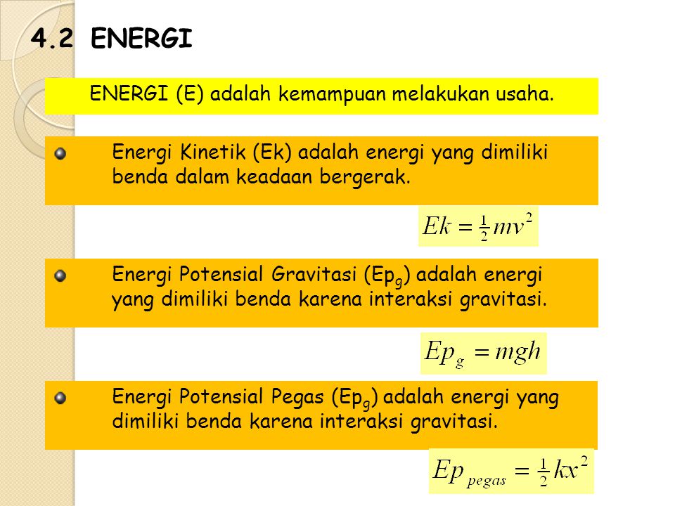 ENERGI (E) adalah kemampuan melakukan usaha.